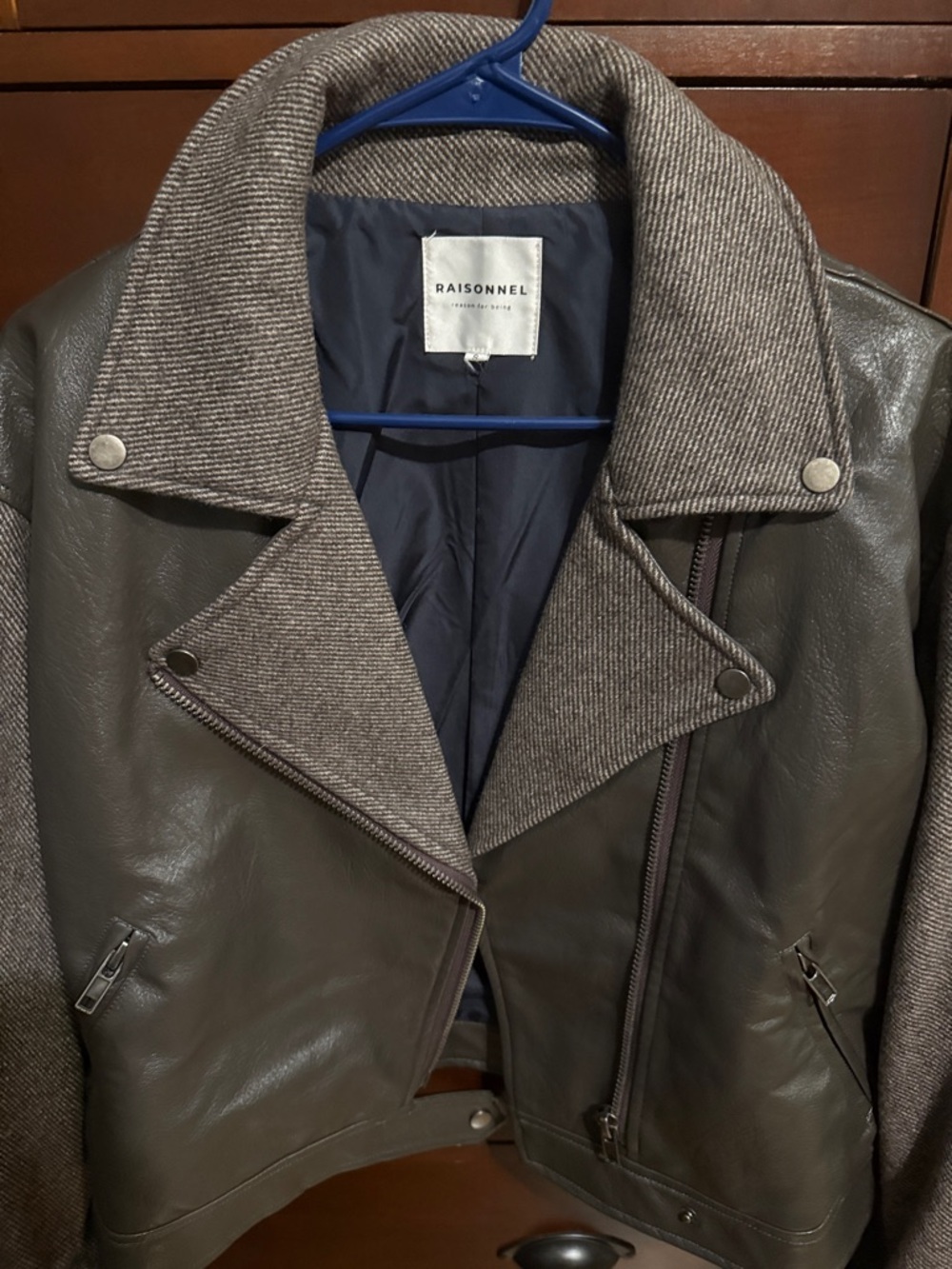 Reason Olive Brown Leather Jacket with Knit Collar